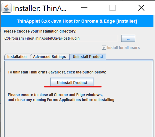 ThinApplet 6.xx Java Host installer with the 'Uninstall Product' tab selected and the Uninstall Product button highlighted