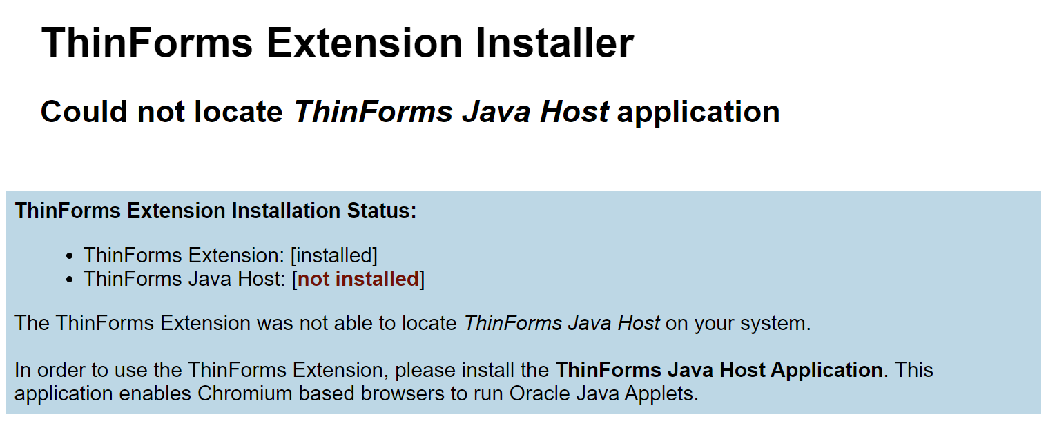 ThinForms Extension Installer page showing: ThinForms Extension [installed], ThinForms Java Host [not installed]